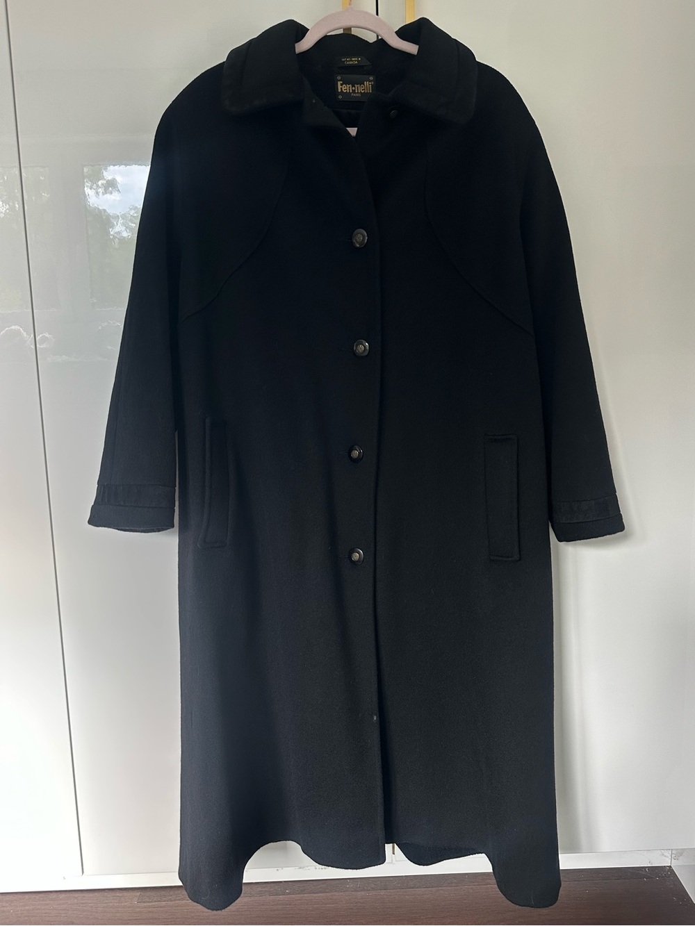 Fen-nelli Paris Vintage 100% Pure Virgin Wool Long Black Coat Made in Canada XL